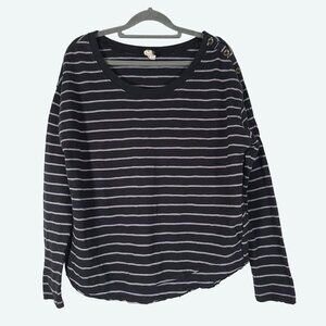 Free People Stripe Boxy Long Sleeve Button Shoulder Cotton Shirt Black Gray Med